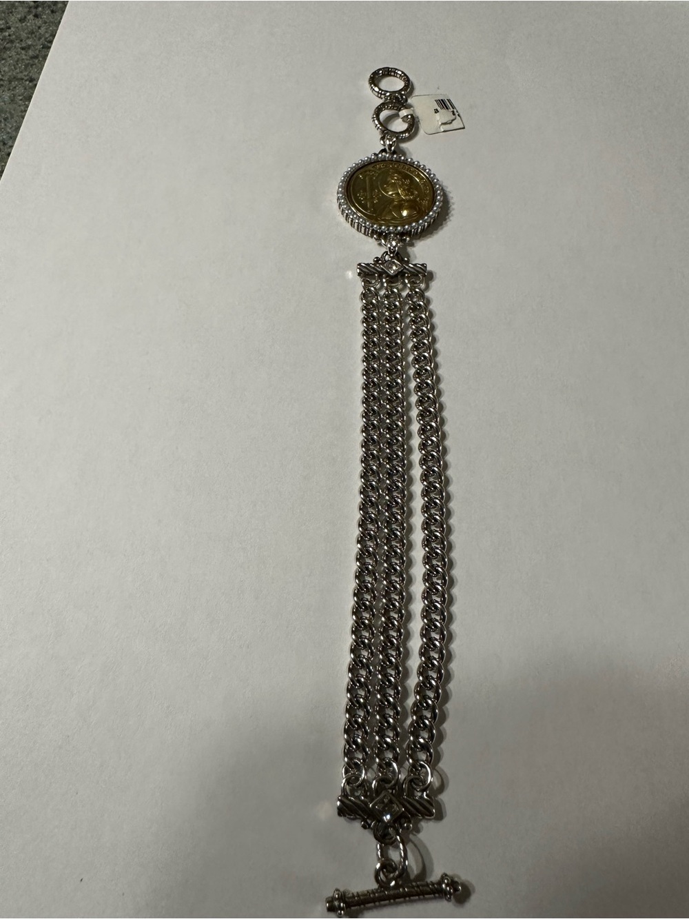 Brighton Gold-Tone Joan of Arc coin bracelet with silver accents and tassel. NWT - Picture 3 of 8